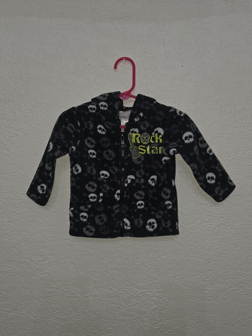 Kidgets Black & White Skull Hooded Fleece Jacket with Neon Green 'Rock Star' 12m